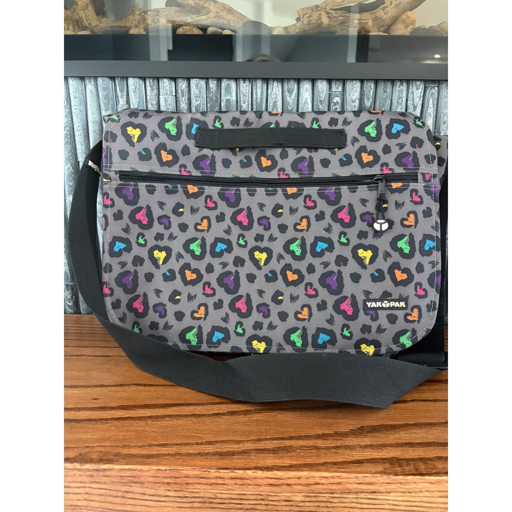 Yak Pak Messenger Bag Rainbow Heart Leopard Print Grey Canvas Crossbody Y2K